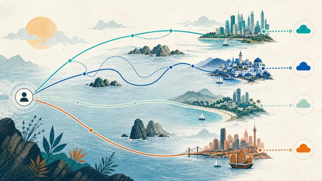 用户经过机场入口后,可沿较直接或更绕的线路前往不同出口地区,再连接目标服务