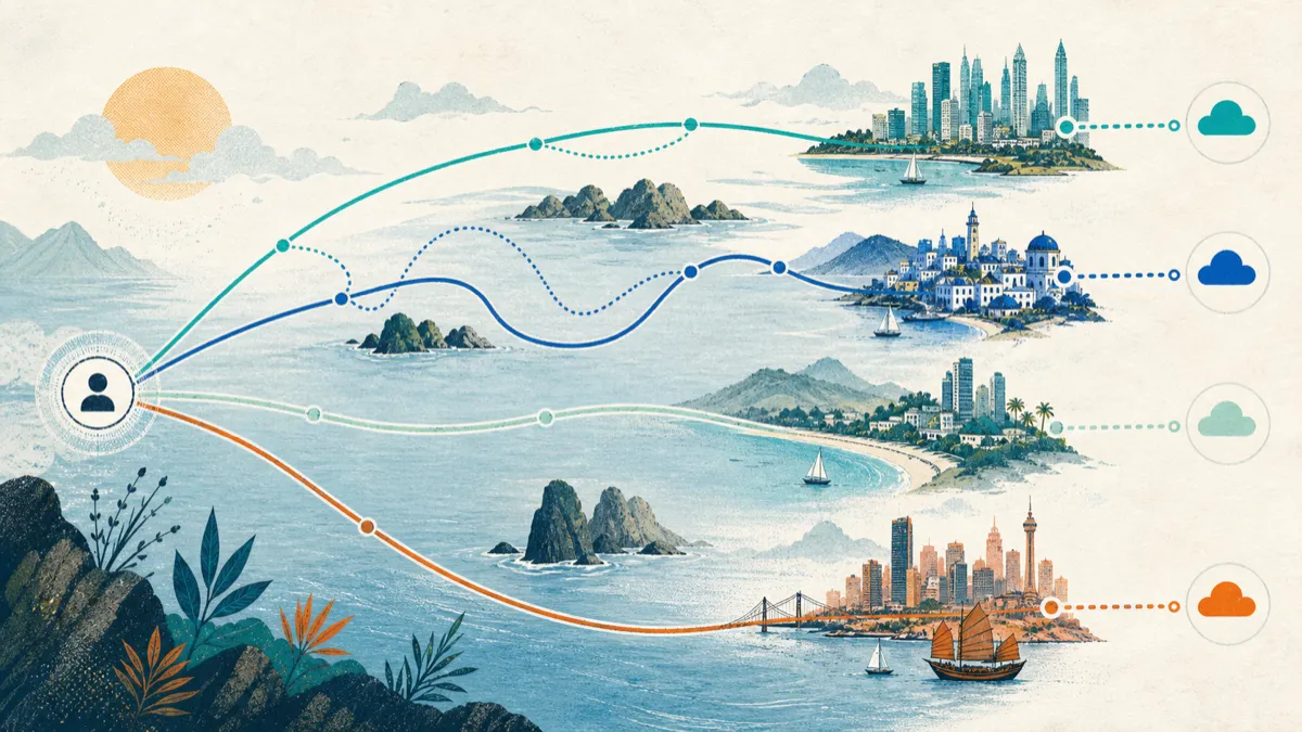 用户经过机场入口后,可沿较直接或更绕的线路前往不同出口地区,再连接目标服务